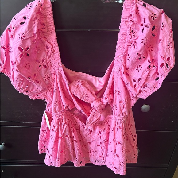 Altar’d State Pink Eyelet Puff Sleeve Top - Picture 6 of 6